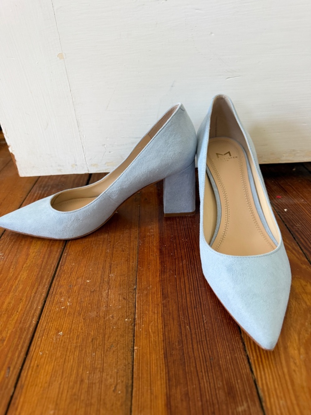 Marc Fisher Zala Block Heel Pointy Toe Pump - Light blue suede